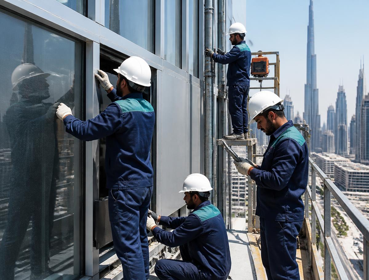Technical team performing building maintenance on a Dubai high-rise