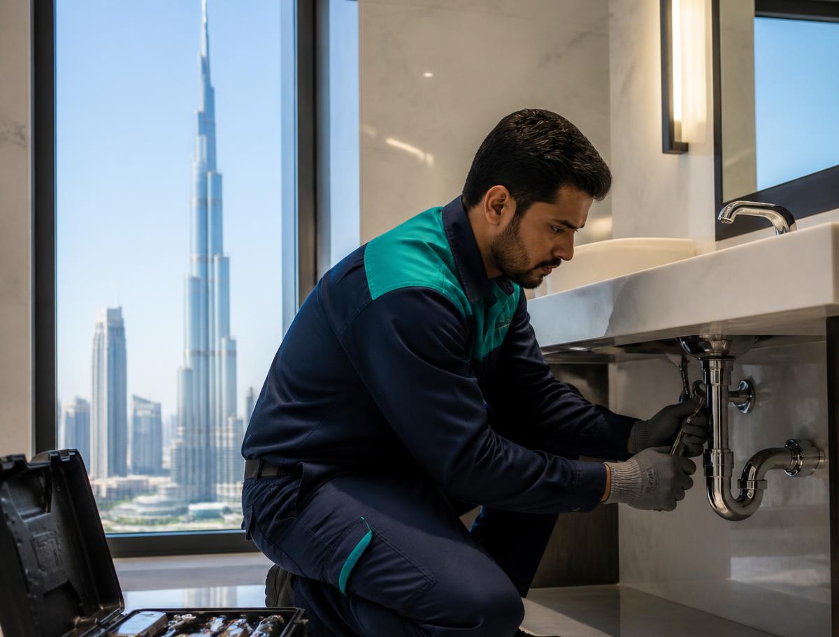 Professional plumber repairing sink pipes in a modern Dubai apartment