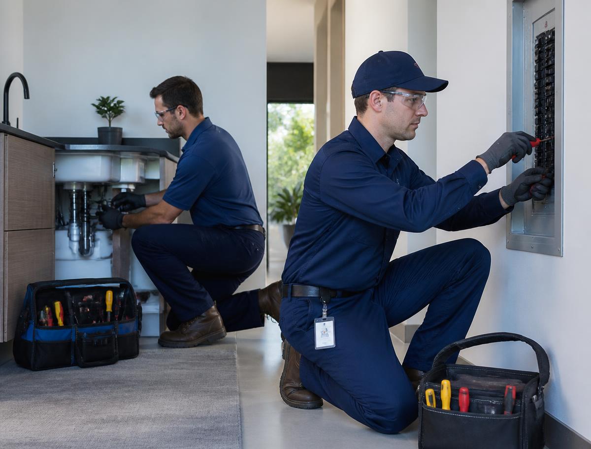 Technicians in uniform carrying out plumbing and electrical maintenance in a clean, safe interior