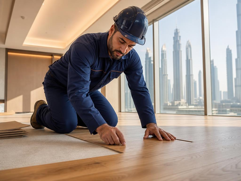 Craftsman installing wood flooring in luxury apartment