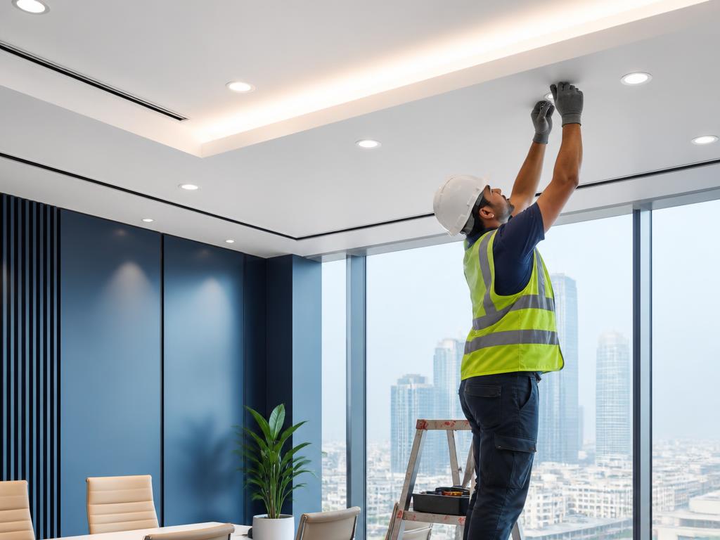 Worker installing modern false ceiling with lighting