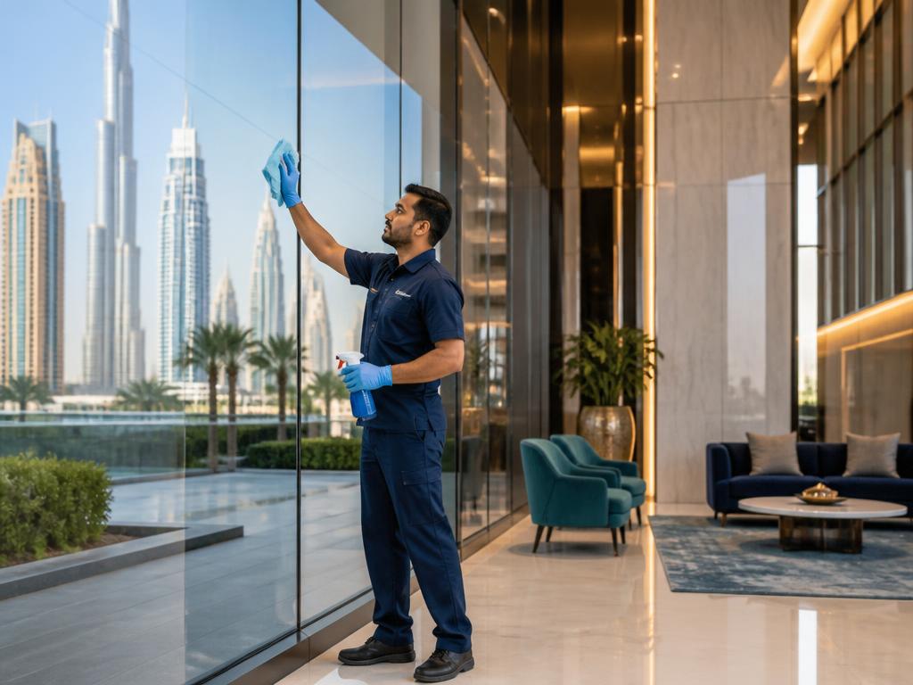 Cleaning specialist maintaining glass facade