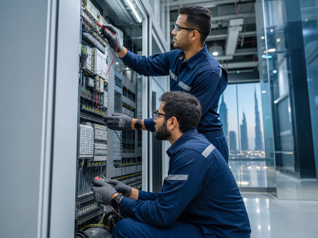 Electromechanical technicians servicing control panels
