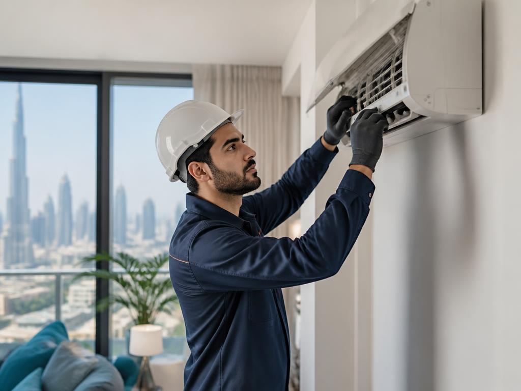 HVAC technician servicing air conditioning unit