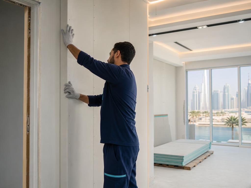 Construction worker installing gypsum plaster walls