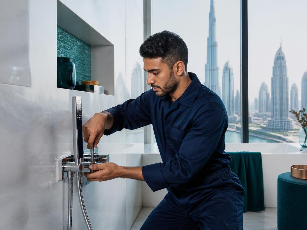 Plumber installing modern bathroom fixtures