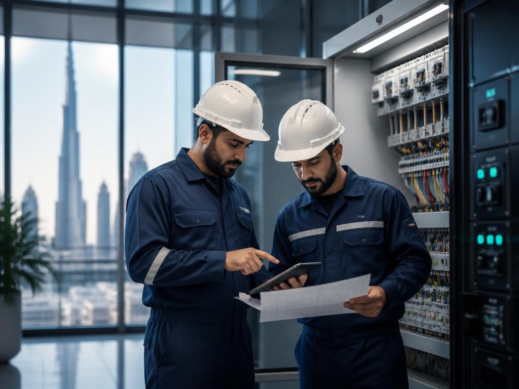 Technical team inspecting electromechanical systems
