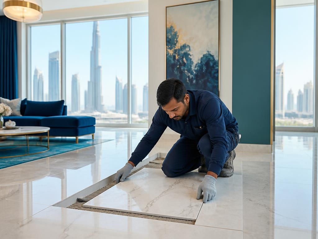Professional tiler installing marble floor tiles